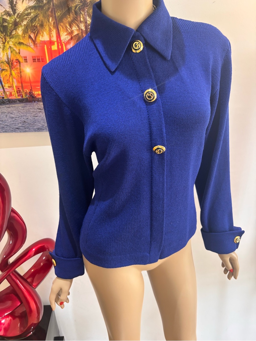 St. John Royal Blue Knit Button-Front Jacket with Gold Buttons 10 M blazer